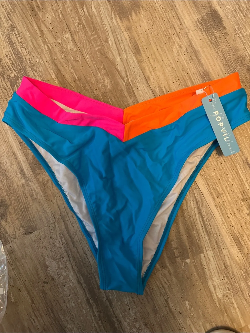 Popvil High-Cut Bikini Bottoms in Teal with Pink & Orange sz M NWT
